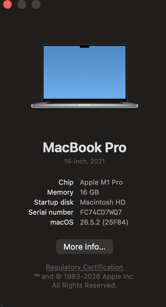About This Mac window showing model, year, OS version, and serial number